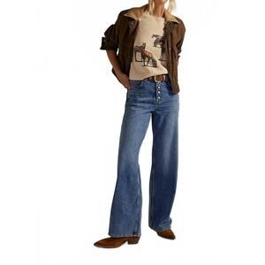 Free People Medium Blue High-Rise Button-Fly Boyfriend Jeans